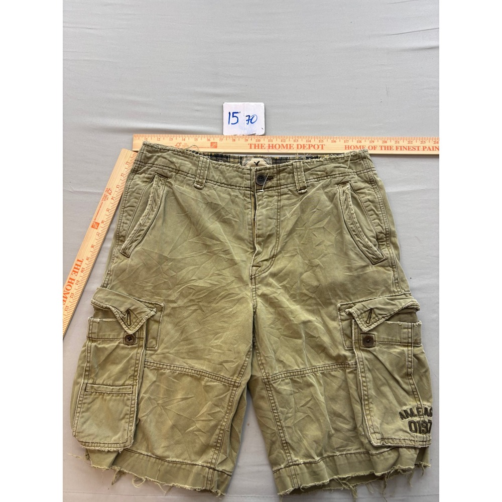 American Eagle Outfitters Mens Cargo Shorts Green Khaki Plaid Lined 32 Frayed